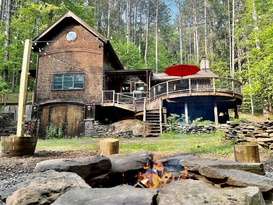 Looking up at the cabin from the fire pit area. 
