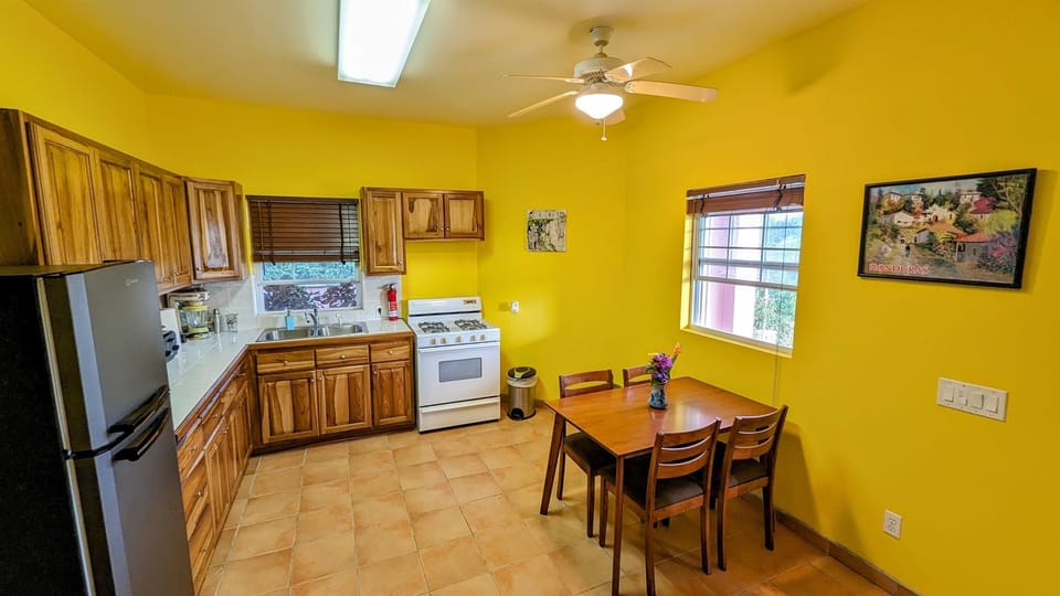Medium sized refrigerator/freezer. Table and seating for 4. There's also a few seats outside on the patio. La Rosa (the dock) has additional tables and chairs if they are needed.