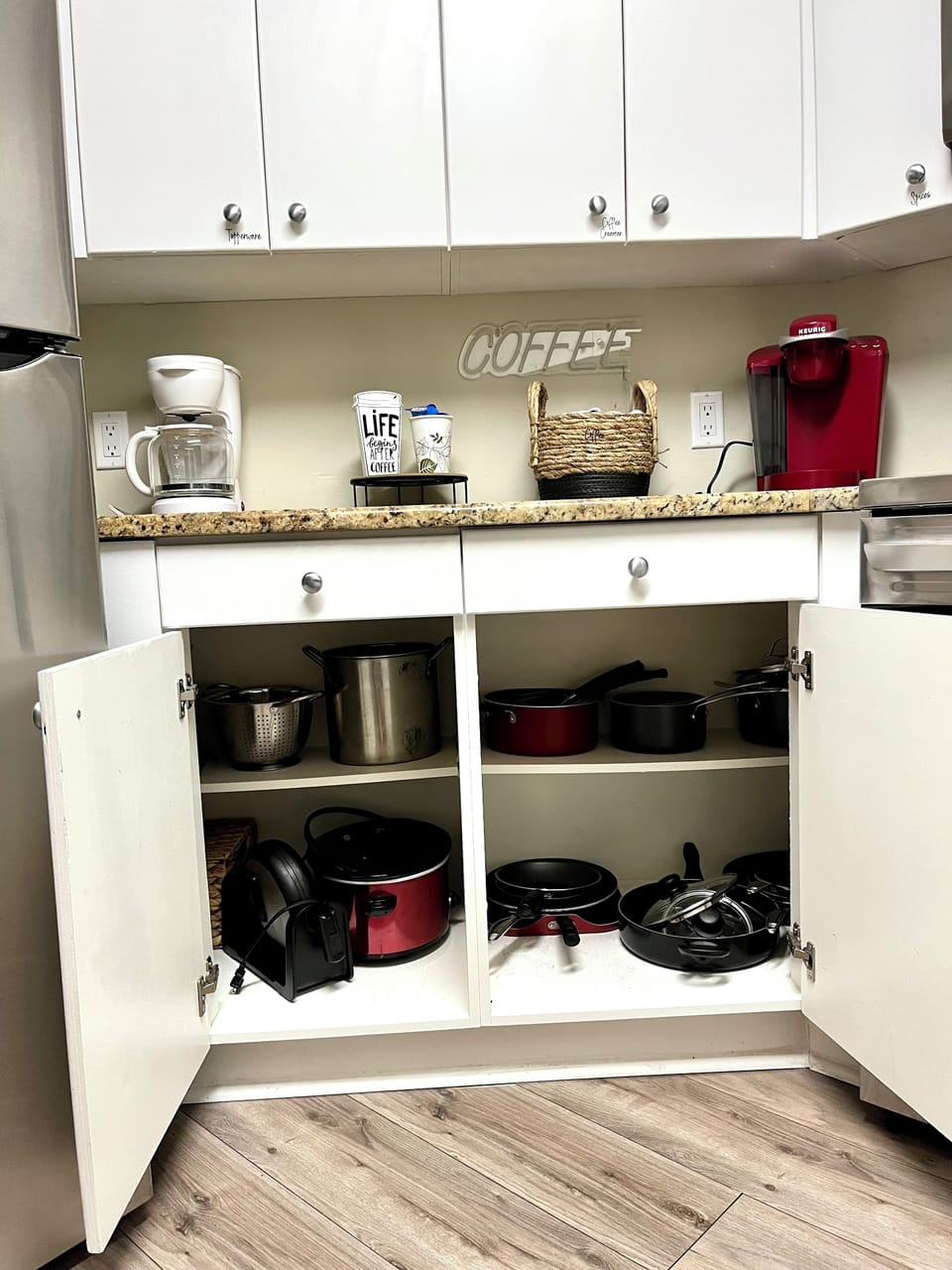 Coffee both ways as well as lots of pots and pans 