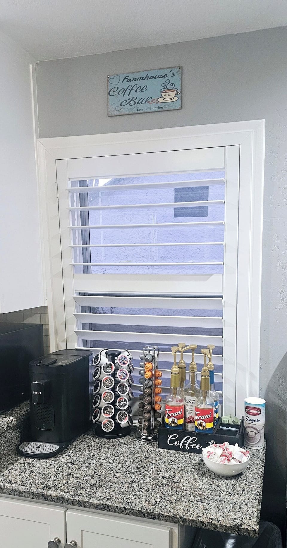 Coffee bar with kcups and expresso pods and syrups