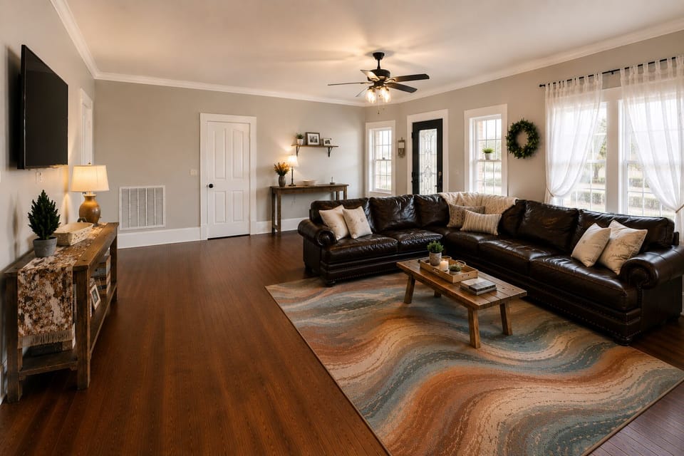 Large living room with 50” Smart Tv and large leather sectional