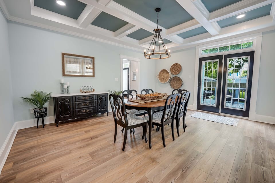 Spacious dining room with beautiful coffered ceiling