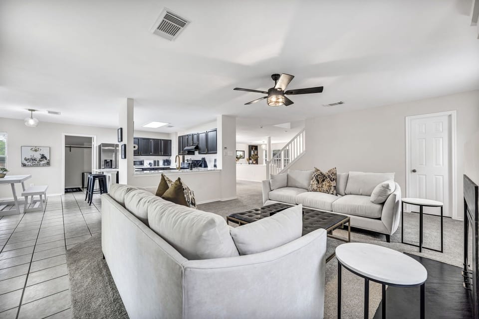 Open layout connects the family room to the kitchen.