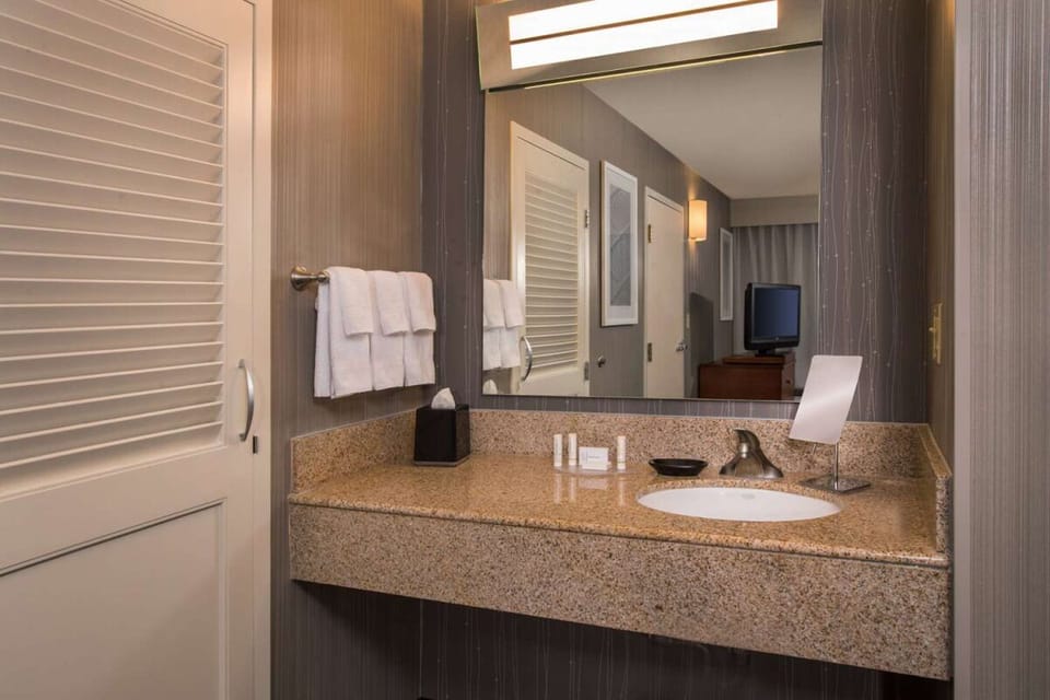 Refresh at the granite vanity with bright mirror lighting.