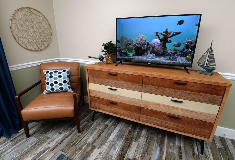 Master bedroom with new hybrid mattress and bay view