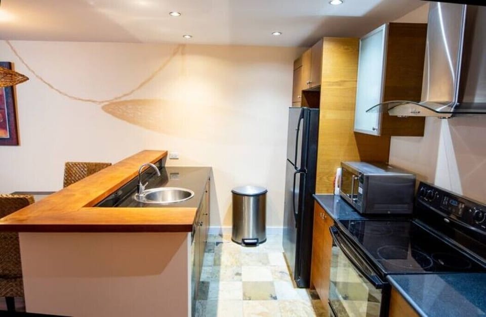 Fully equipped Kitchen with teak wood bar and granite counter tops