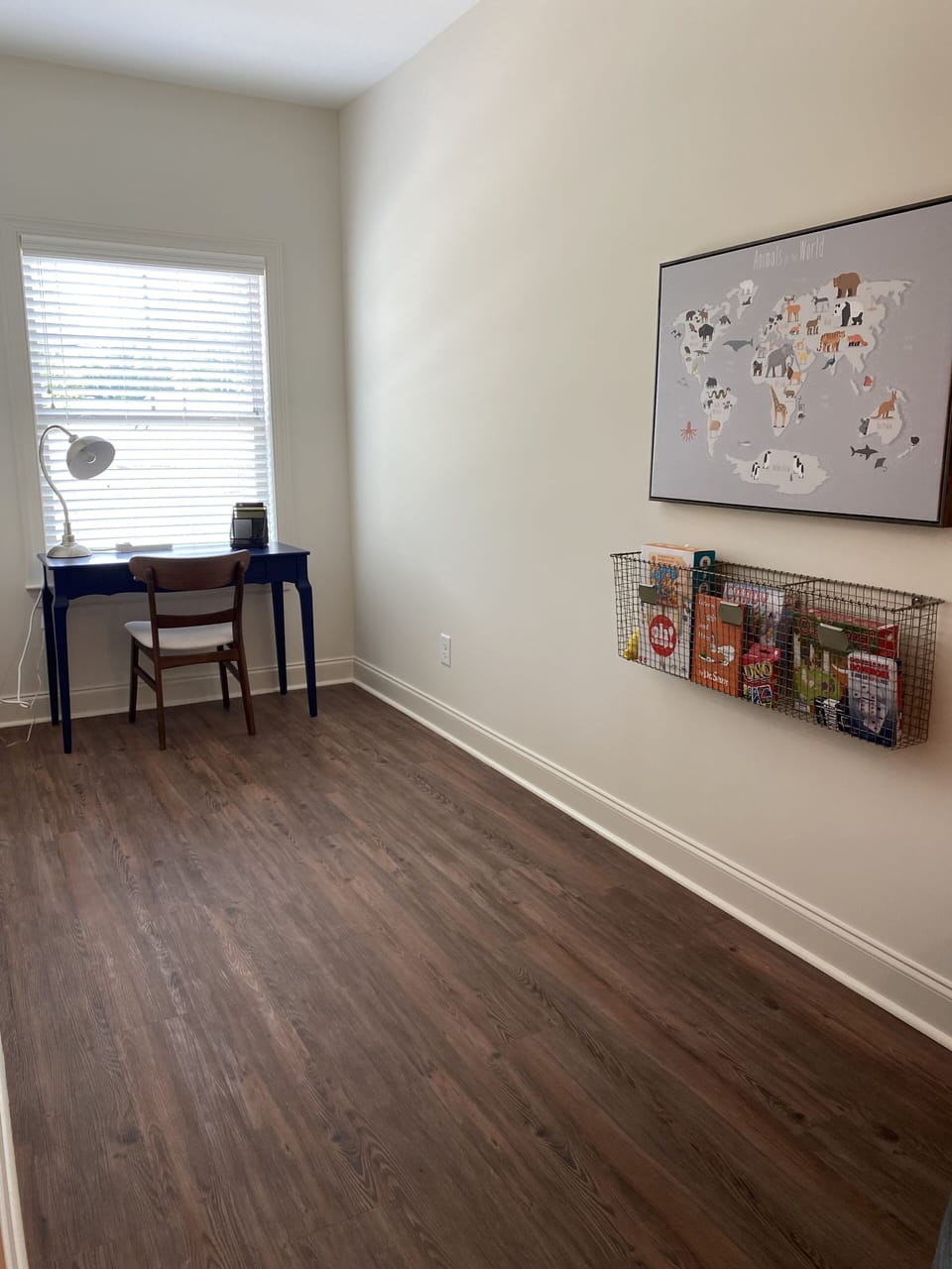 Office nook with board games, books and cards. 