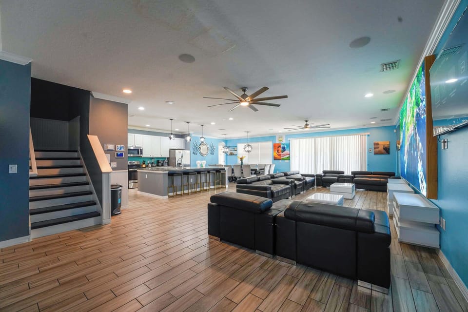 Expansive living space with modern amenities, perfect for group gatherings and relaxation.