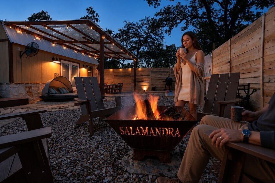 Fire pit nights under big Texas skies. Private yard, string lights, total seclusion.
