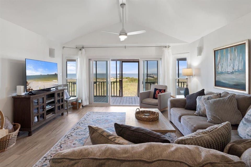 Cozy living room with view of the bay