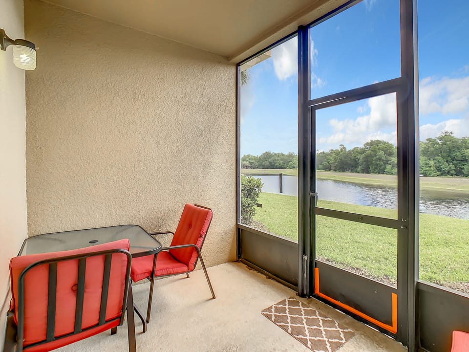 Screened patio with water view