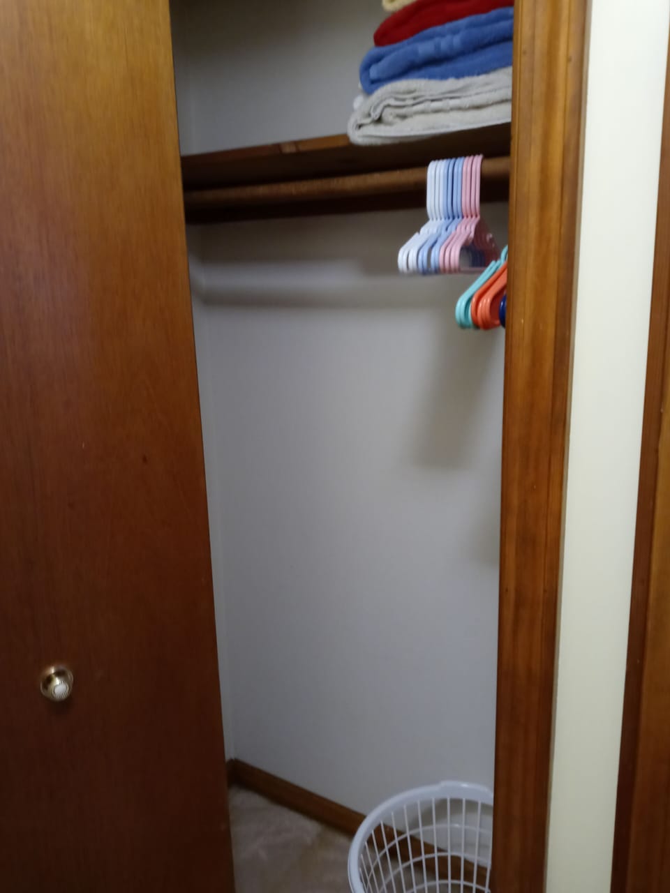 Closets to hang with towels, clothes basket, broom, supplies and baby stuff.