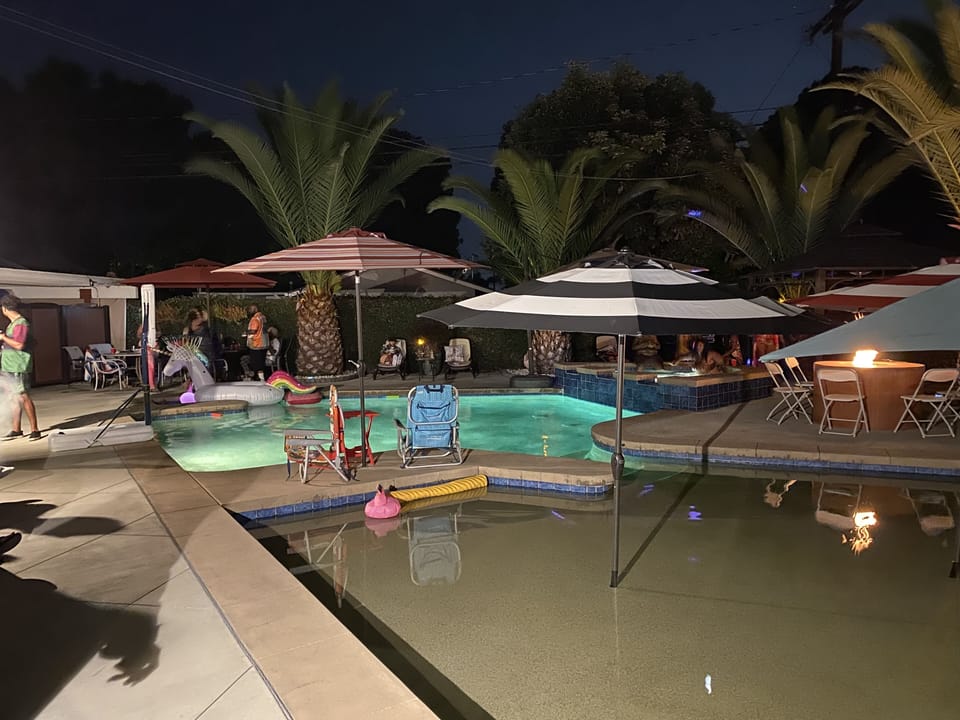 Cabana seats 6.  Gas pit seats 4-6.  Round table seats 3.  Additional 20 seats.