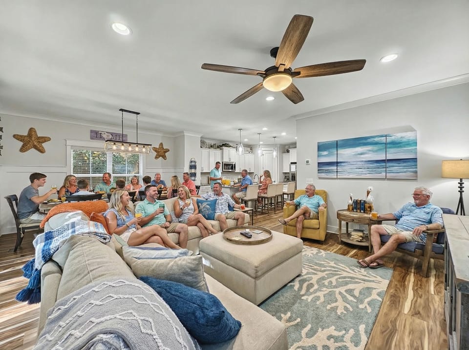 Spacious open living room for a large multigenerational family in home just a few blocks from the beach