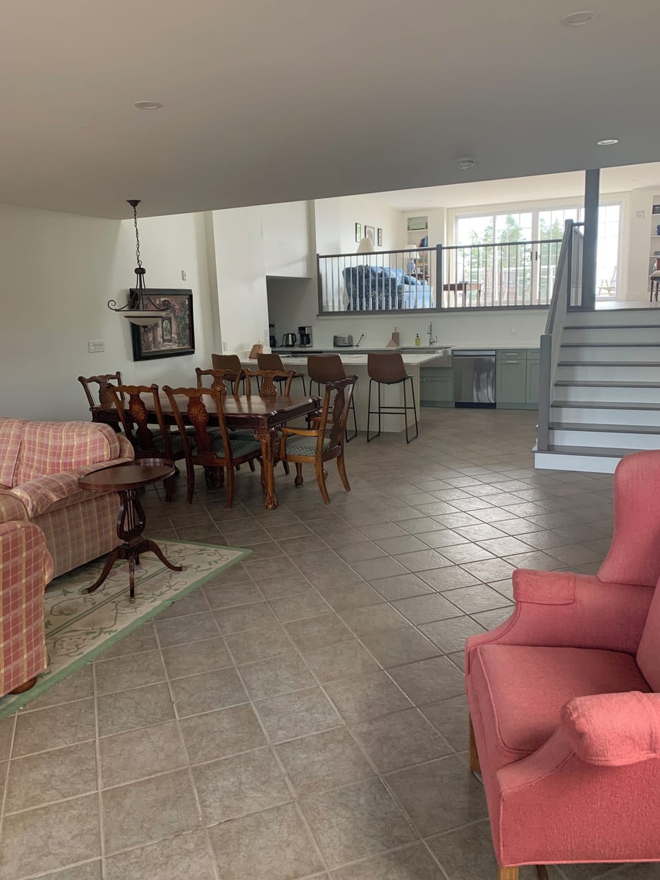 dining room, kitchen, and living room