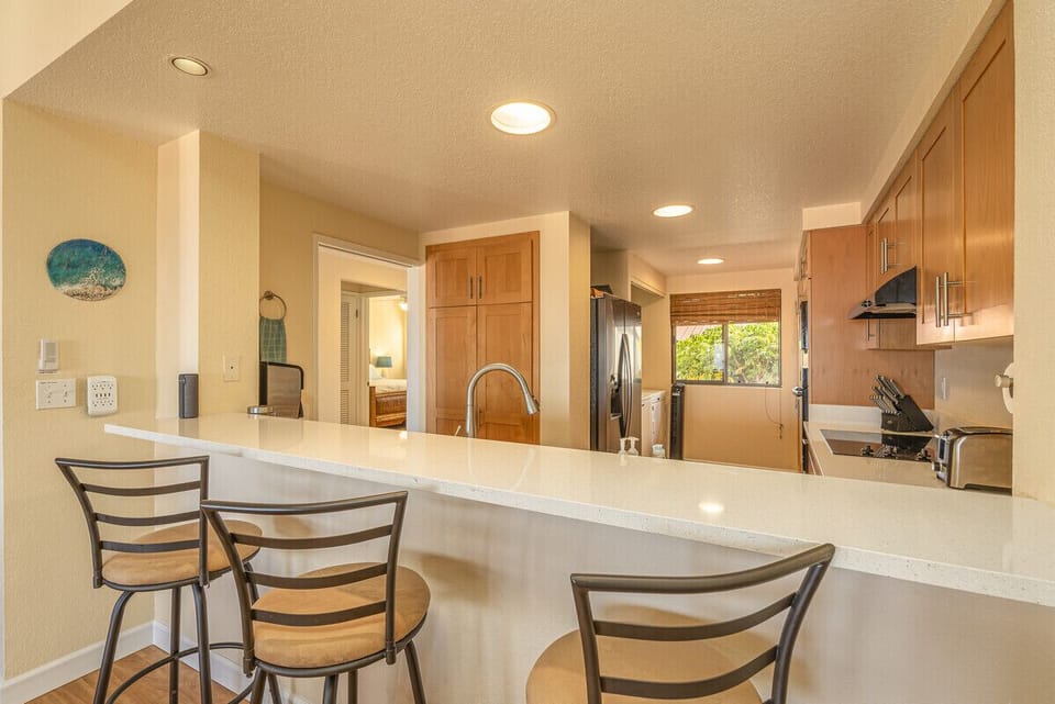 Bar height chairs for visiting in the kitchen