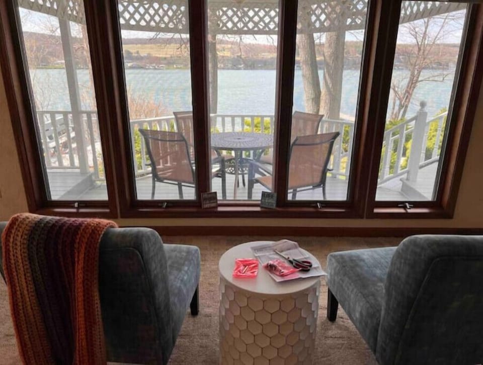 Living room with beautiful lake view