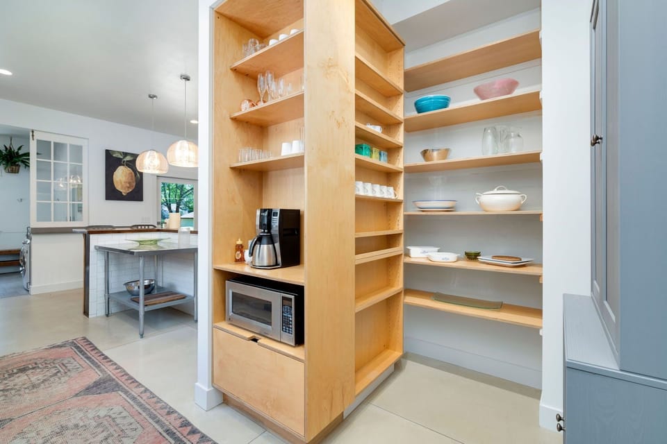Coffee Station and Pantry | Tons of serving plates and fun dishware for an aesthetic meal!