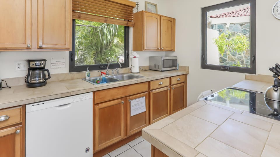 Two large windows frame views of tropical greenery above tiled countertops in the bright kitchen.