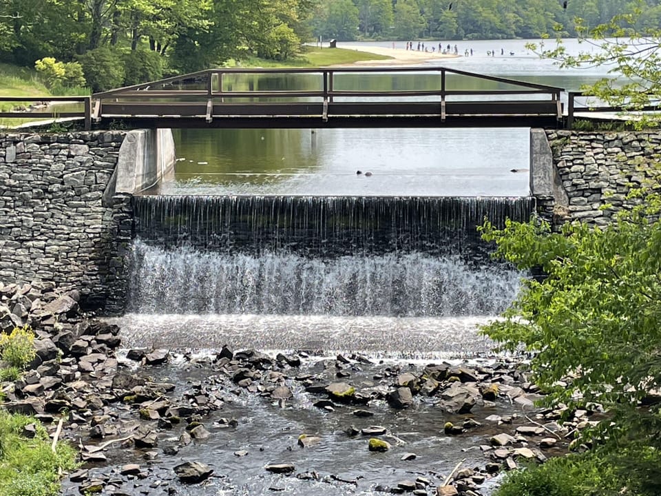 Waterfall and beach for swimming at Promised Land State Park