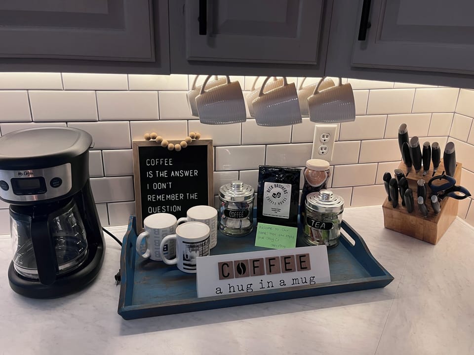 Drip coffee pot. No Keurig. Local coffee from Beck Brothers Coffee!