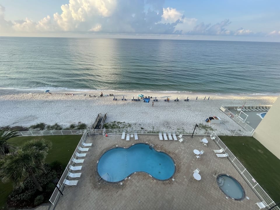 Birds eye view of pool and kiddie pool.