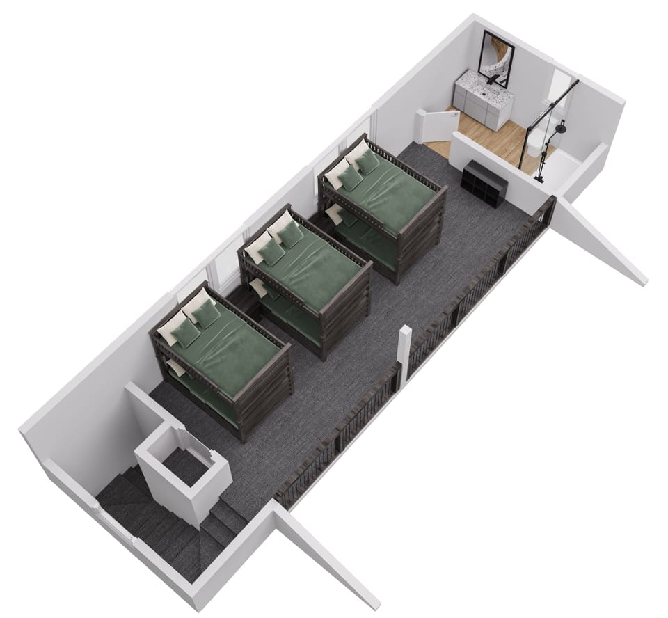 3D view of Trendy Pines Lodge second floor open loft.