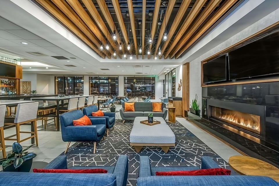 Unwind fireside in a stylish lounge made for conversation.