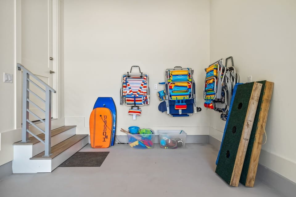 Garage stocked with all the beach and pool accessories! 