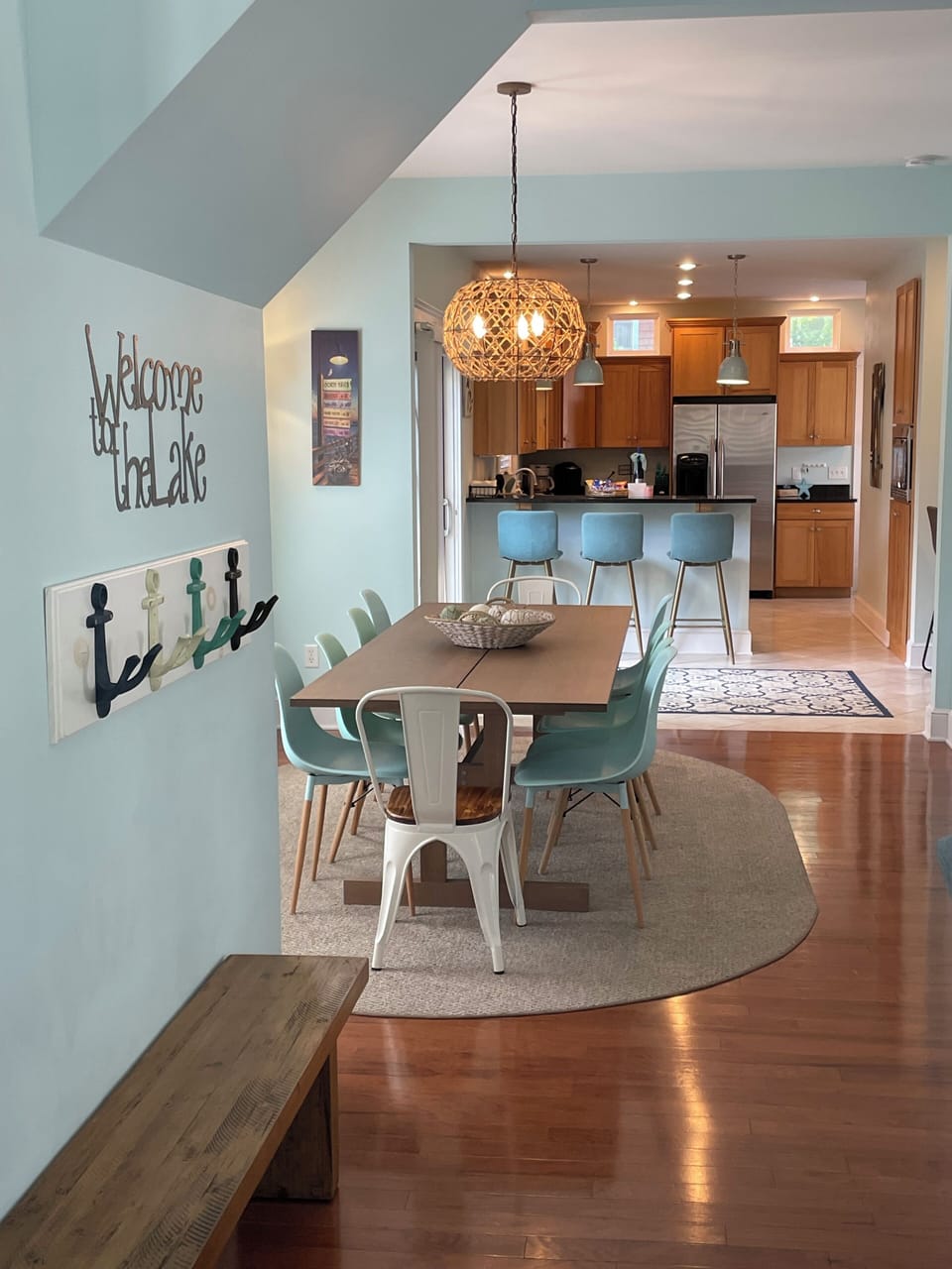 Family room flows into the dining room and kitchen.
