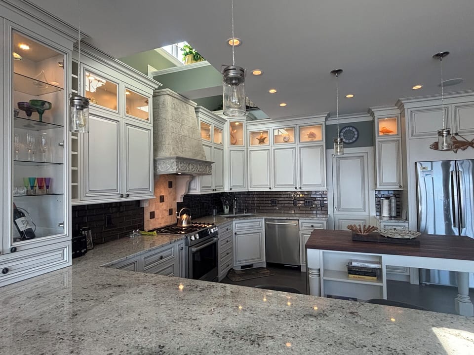 The spacious stone countertop seats 6.