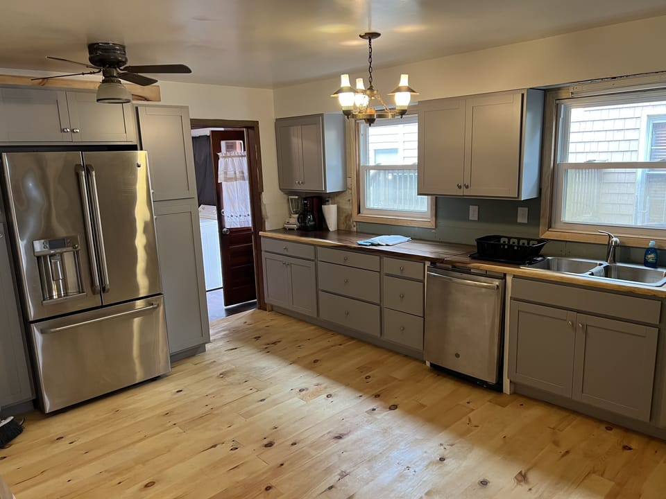 Indoors, Kitchen, Floor, Lamp, Refrigerator