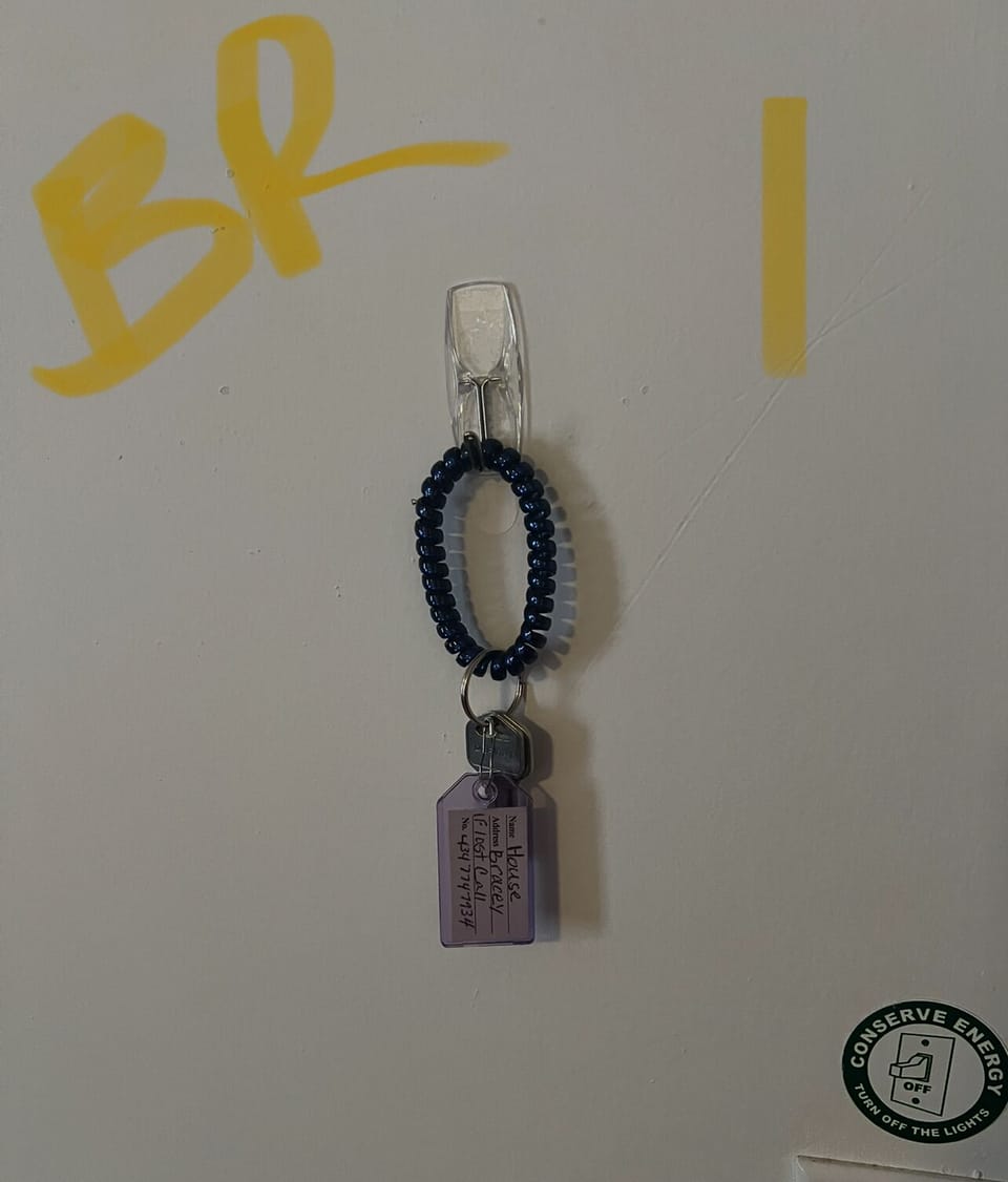 Keys to the Master bedroom and front door. 