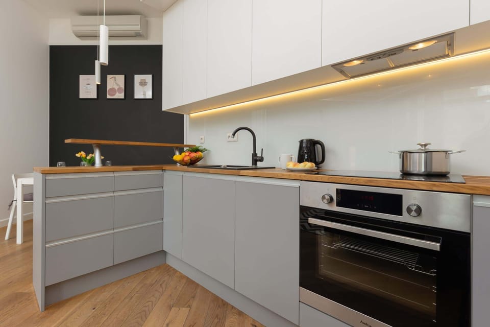 The kitchenette's practical layout maximizes space and functionality.