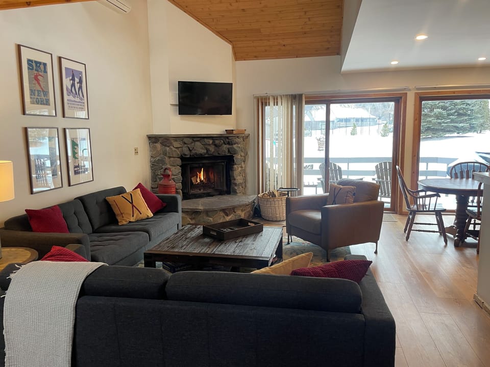 The wood burning fireplace is amazing after a day outdoors! 