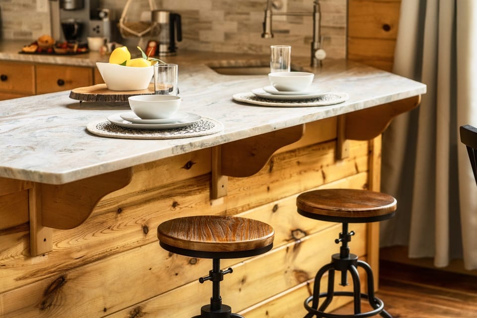 Dine or enjoy a glass of wine while family or friends are cooking in the kitchen at this luxurious breakfast bar.