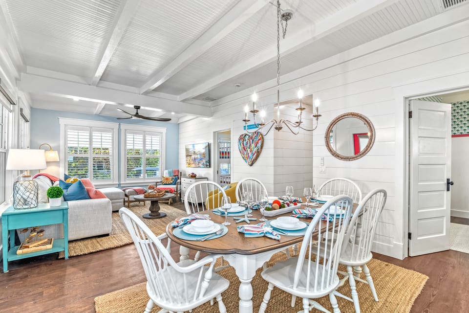 Dining area with living room in view.