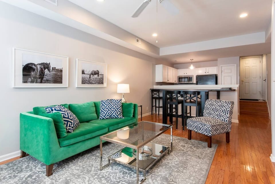 Open and bright living room open to kitchen