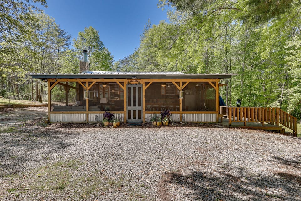 Cabin Exterior | Family Friendly | Fire Pit w/ Grill Grate | Expansive Deck