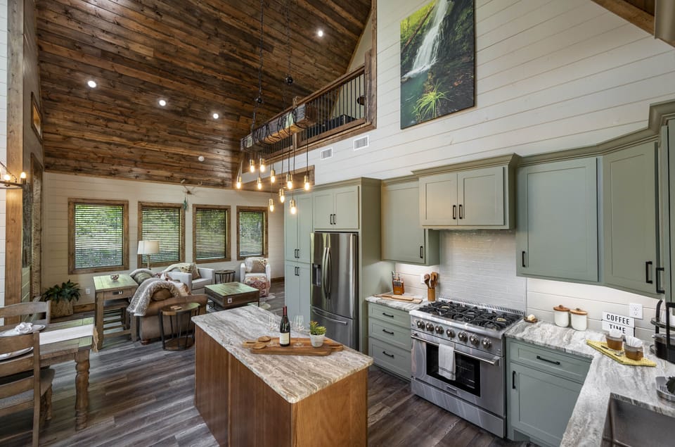 The view from the front door, into the cabin's kitchen!
