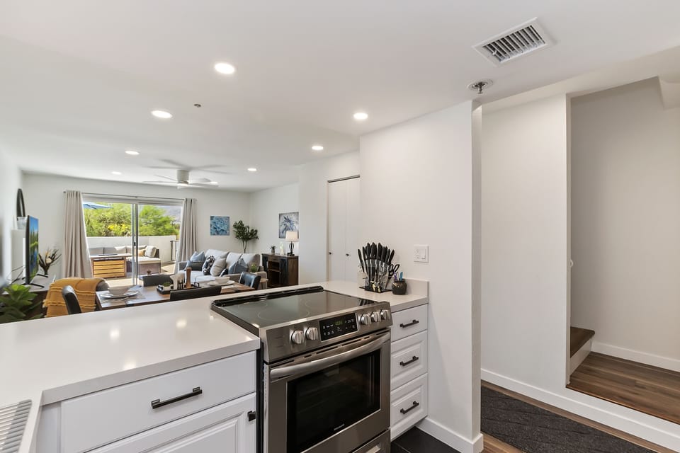Kitchen..electric oven, utensils, cookware 