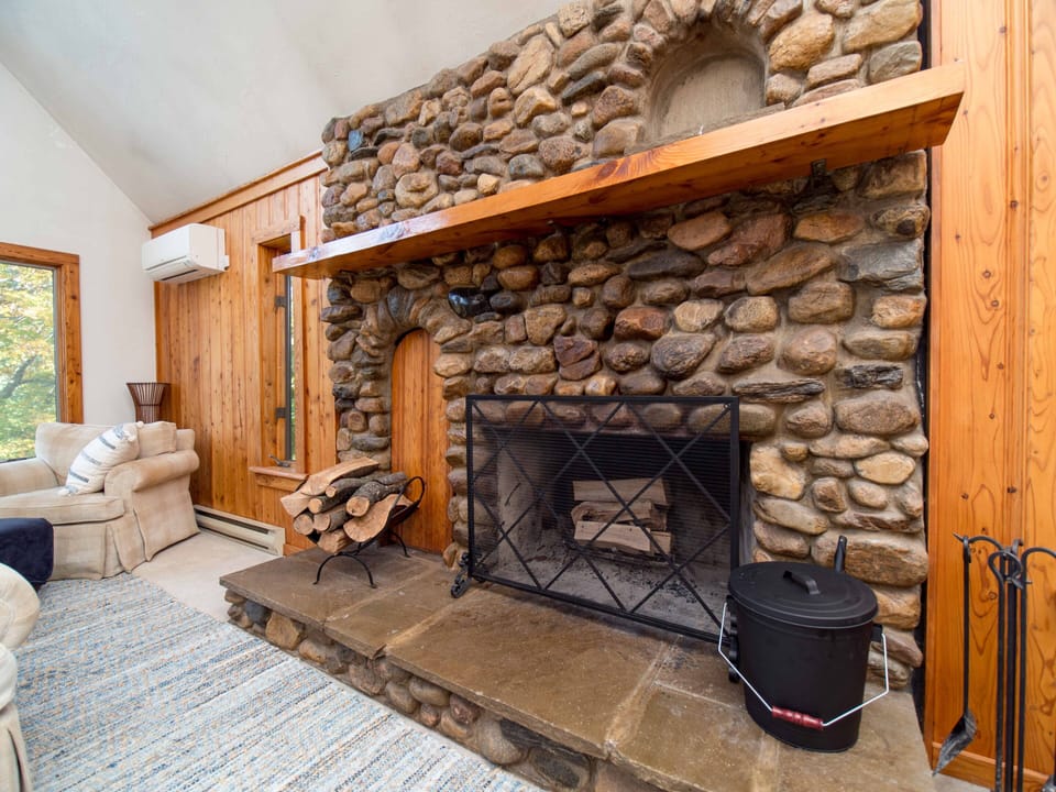 Living room wood-burning fireplace