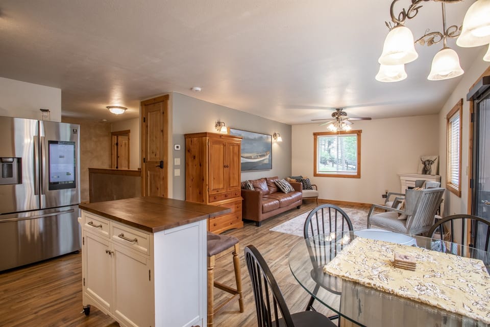 Open to the living room and dining area 