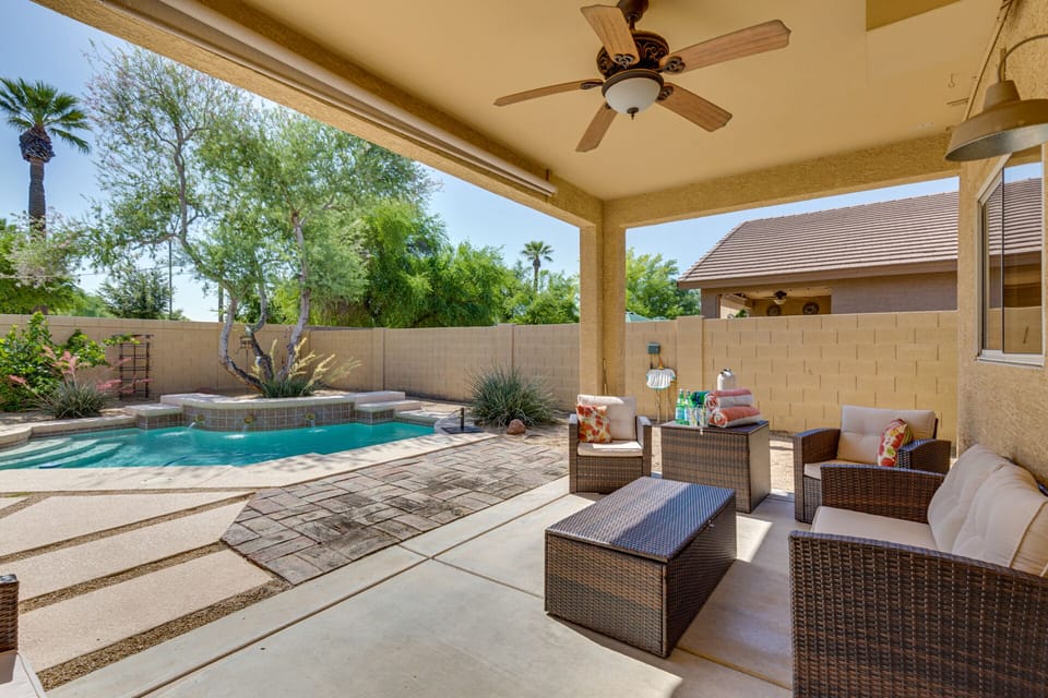 Sparkling Pool with tranquil water feature. Perfect for your morning coffee!
