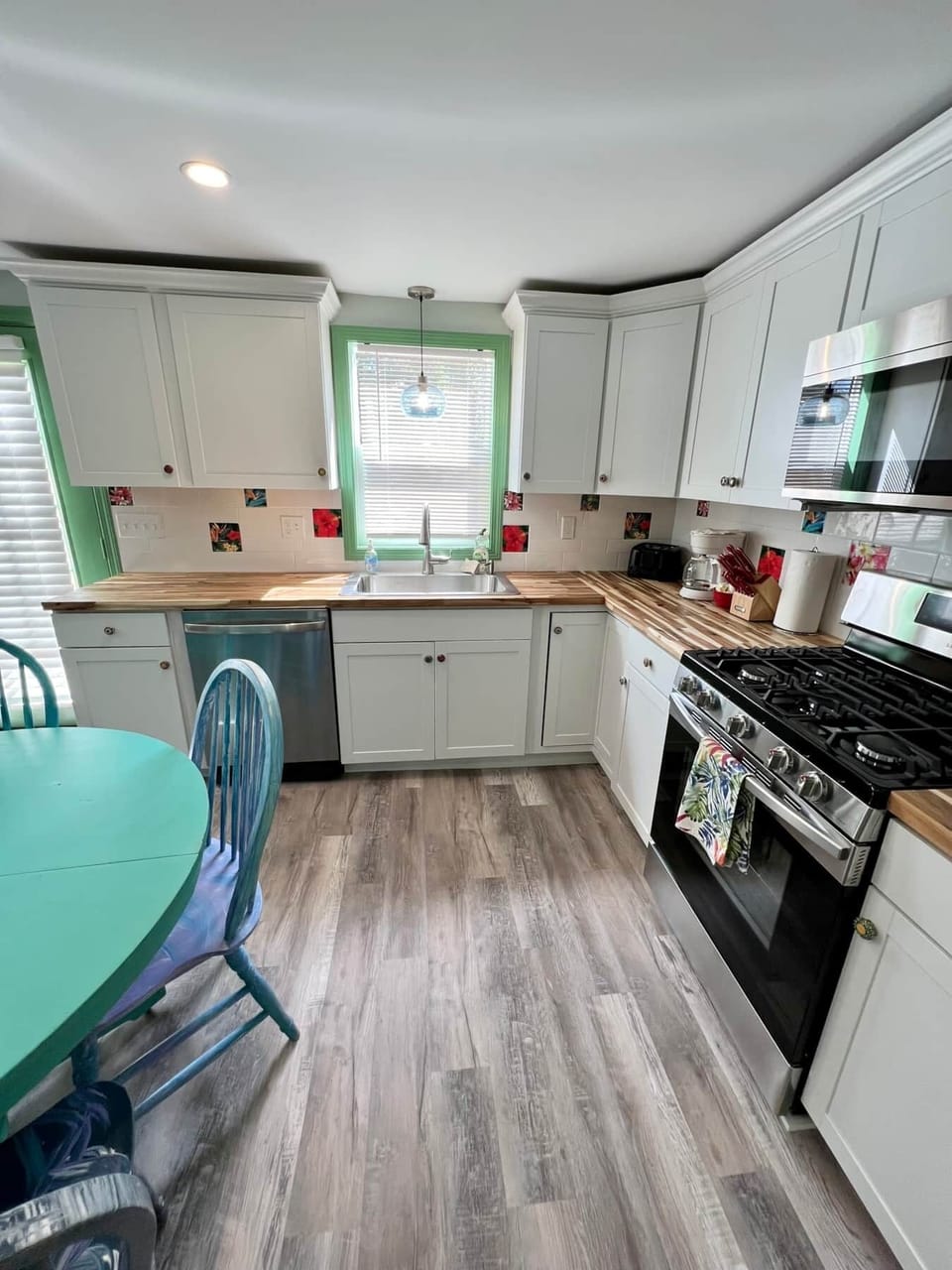 Fully stocked kitchen with Keurig, short supply of coffee pods, drip coffee maker, assorted teas