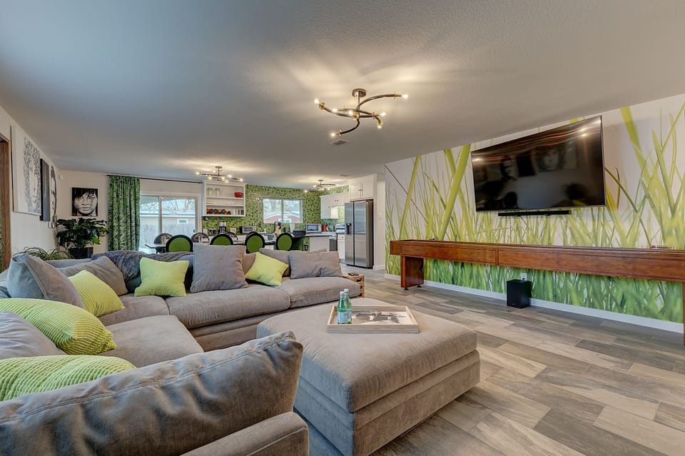 Great seating for all in our super comfortable couch and everyone sees the tv's.