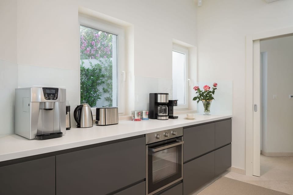 Ice maker, water kettle, toaster and coffee machine on the black counters of the modernly decorated kitchen in the villa Sutivan Infinity for rent and vacation