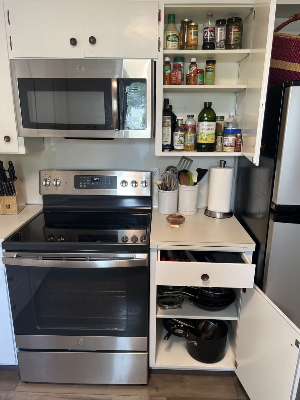 Olive oil and spices. Kirkland brand clad cookware.