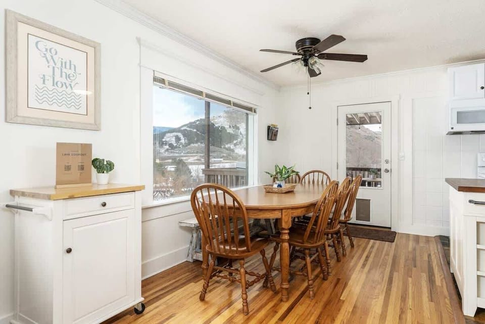 The dining area has fantastic views and quick access to the outdoor patio.