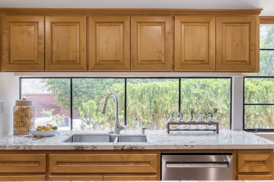 Windows provide tons of natural light in the kitchen.